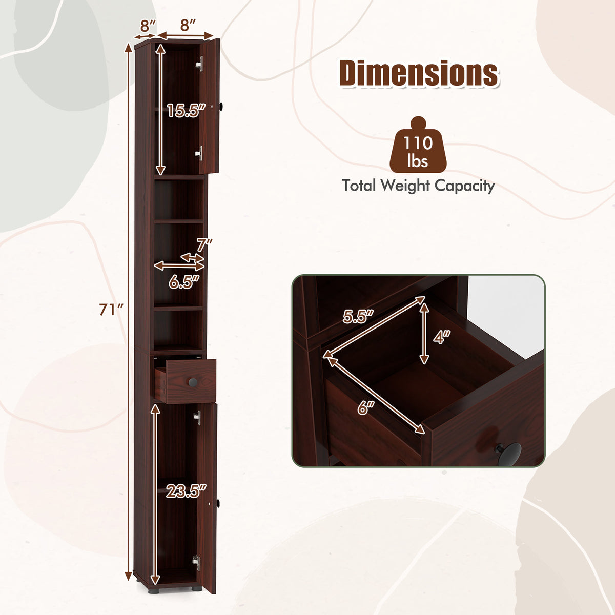 Slim Bathroom Cabinet with Drawer and Adjustable Shelves, Brown