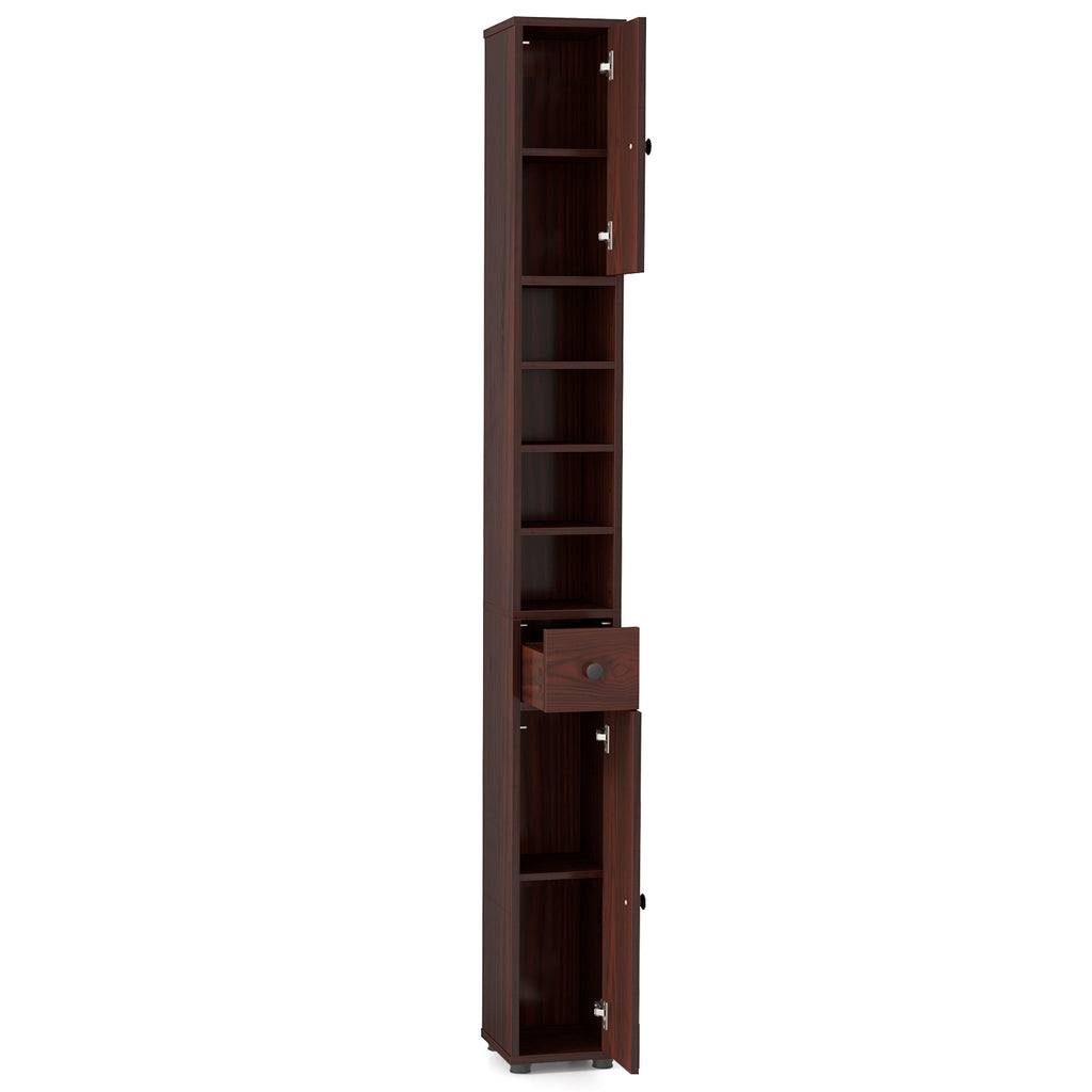 Slim Bathroom Cabinet with Drawer and Adjustable Shelves, Brown