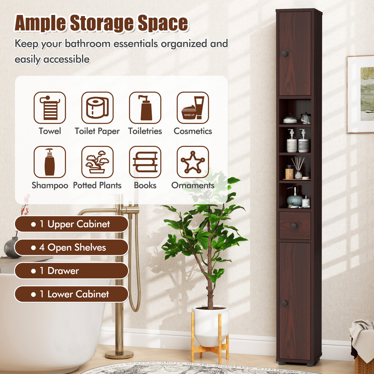 Slim Bathroom Cabinet with Drawer and Adjustable Shelves, Brown