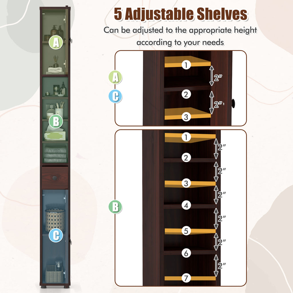 Slim Bathroom Cabinet with Drawer and Adjustable Shelves, Brown