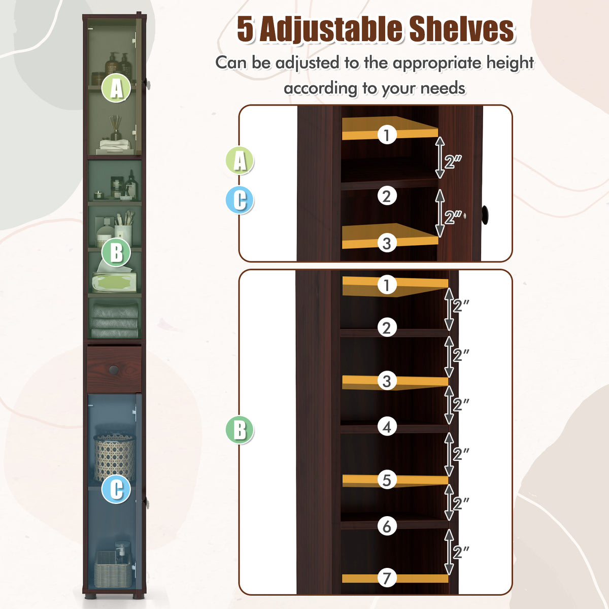 Slim Bathroom Cabinet with Drawer and Adjustable Shelves, Brown