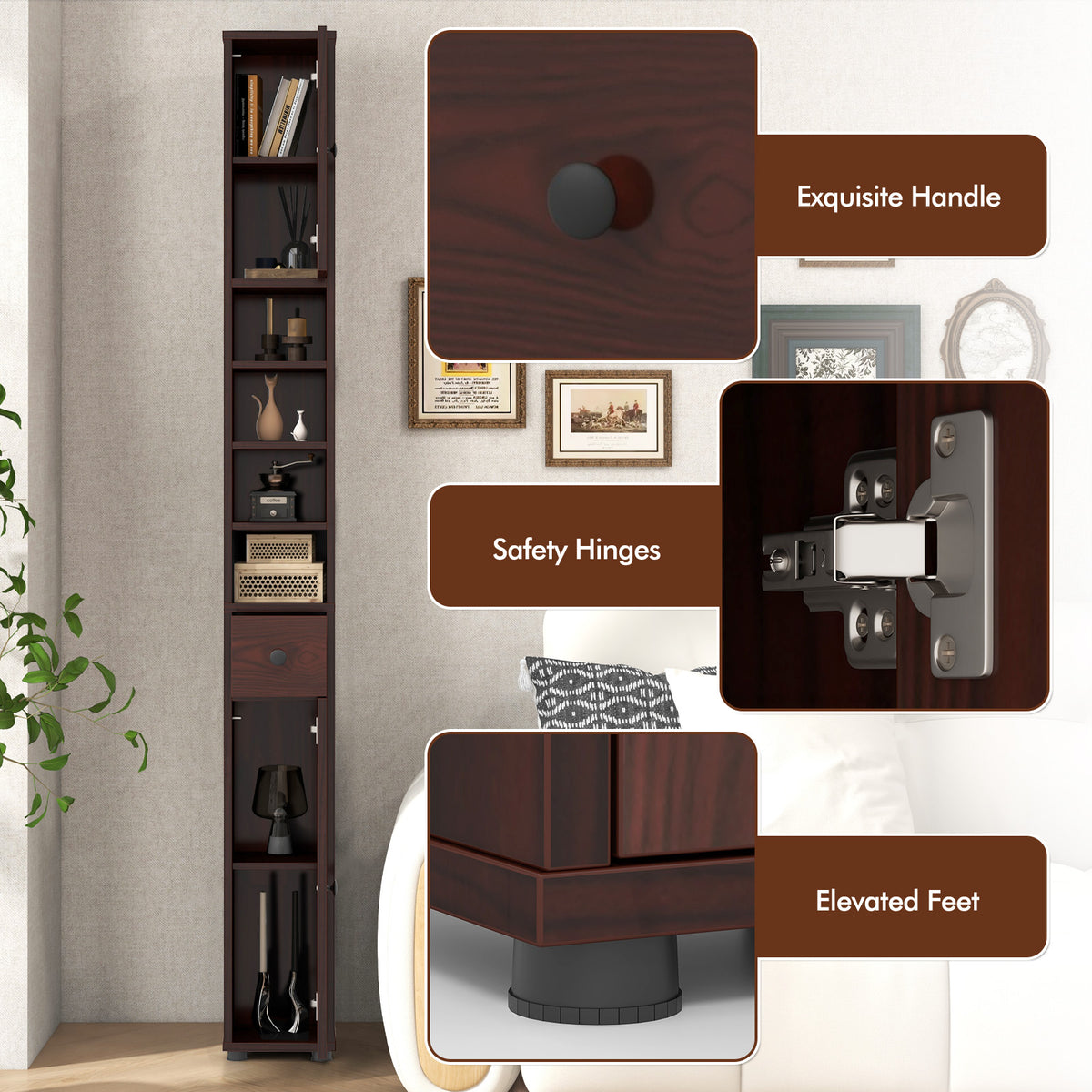 Slim Bathroom Cabinet with Drawer and Adjustable Shelves, Brown