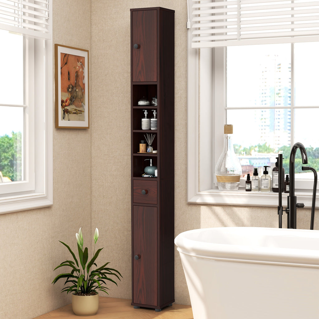 Slim Bathroom Cabinet with Drawer and Adjustable Shelves, Brown