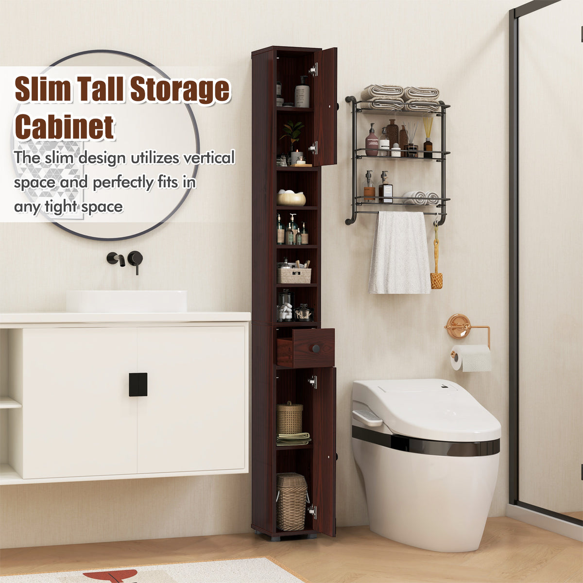 Slim Bathroom Cabinet with Drawer and Adjustable Shelves, Brown