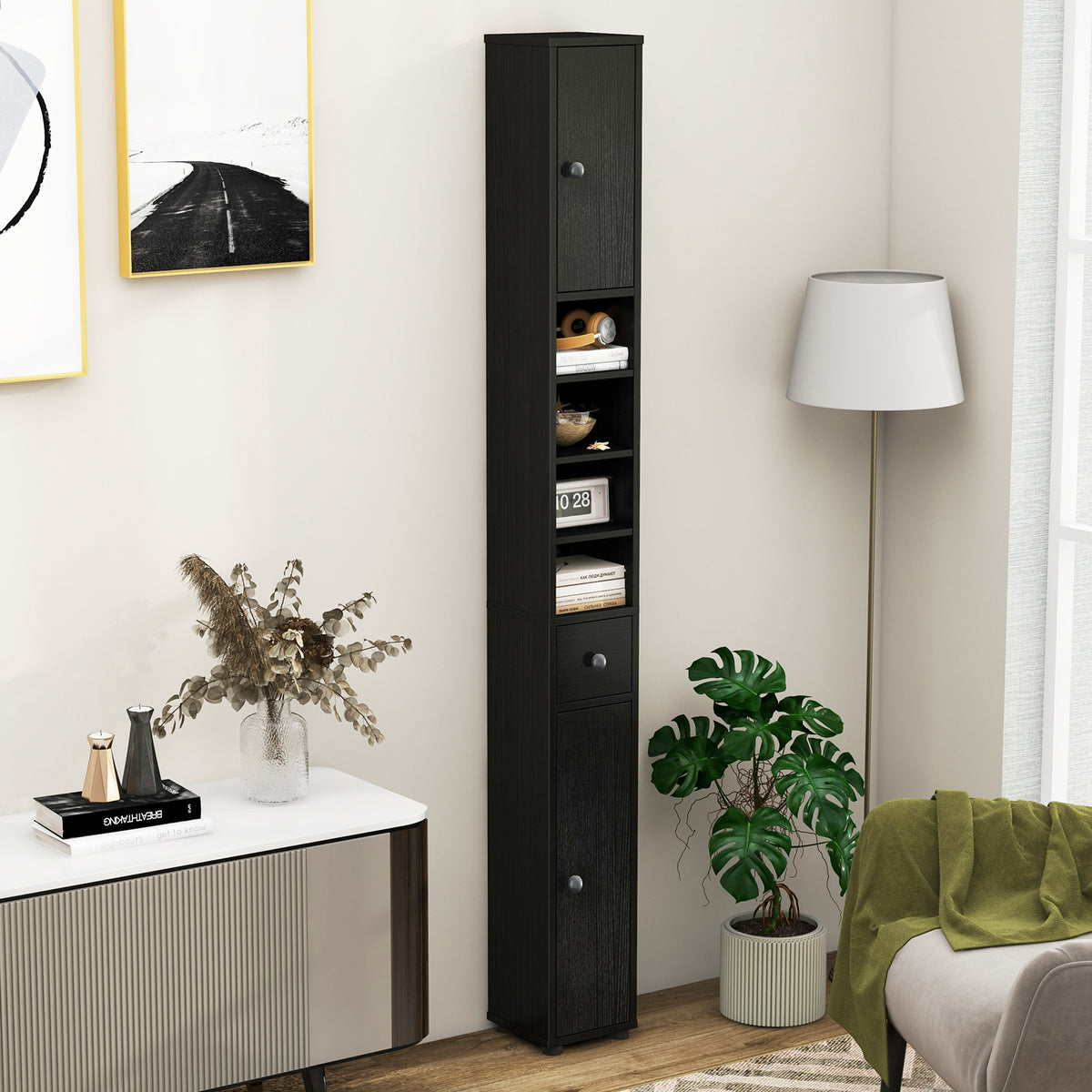 Freestanding Slim Bathroom Cabinet with Drawer and Adjustable Shelves