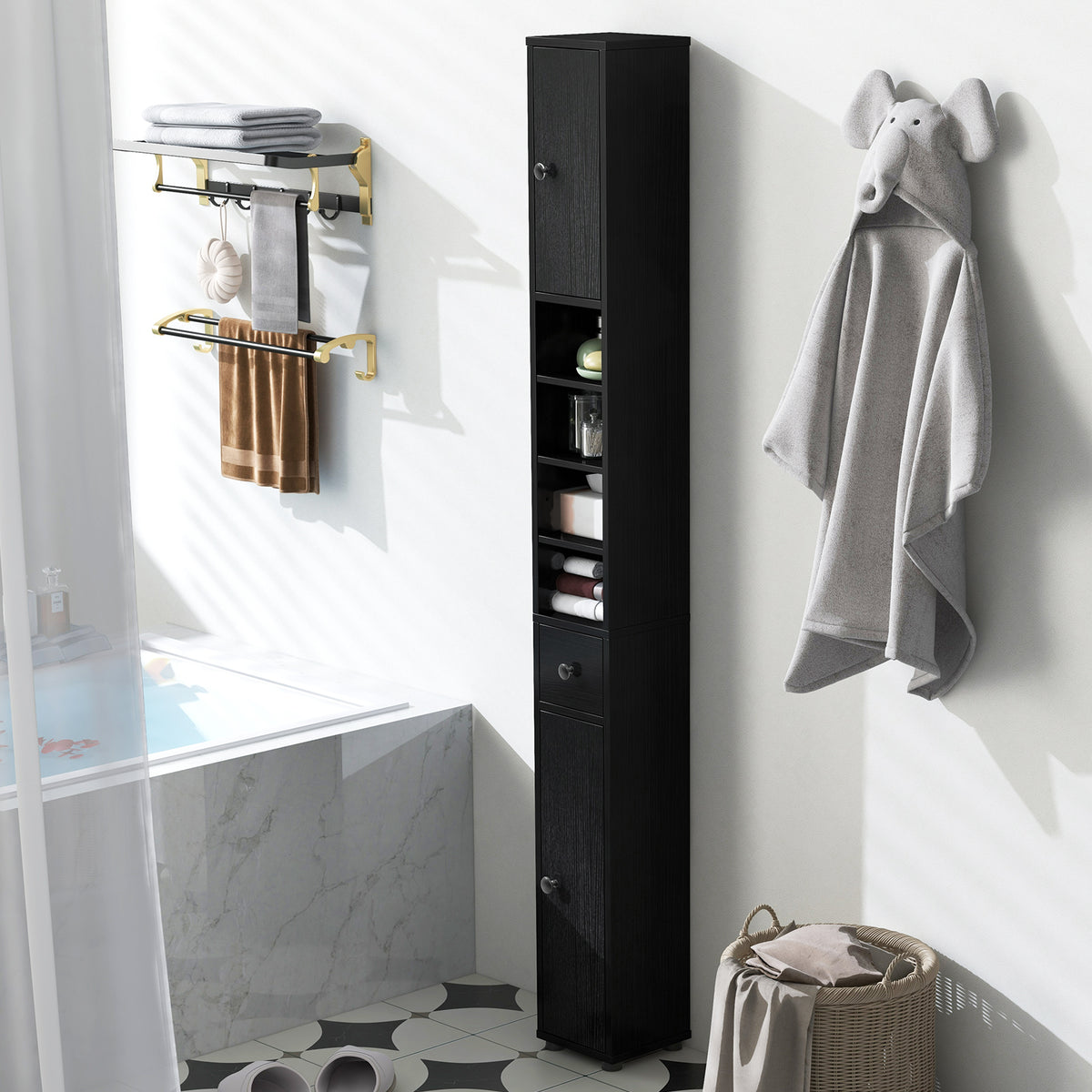 Freestanding Slim Bathroom Cabinet with Drawer and Adjustable Shelves