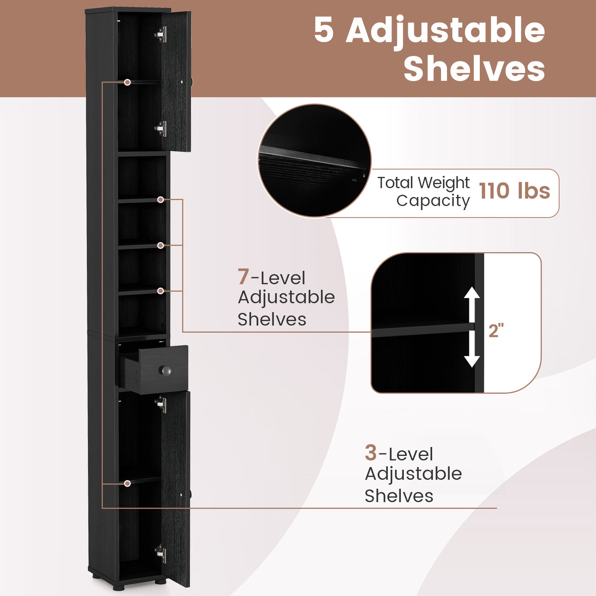 Freestanding Slim Bathroom Cabinet with Drawer and Adjustable Shelves