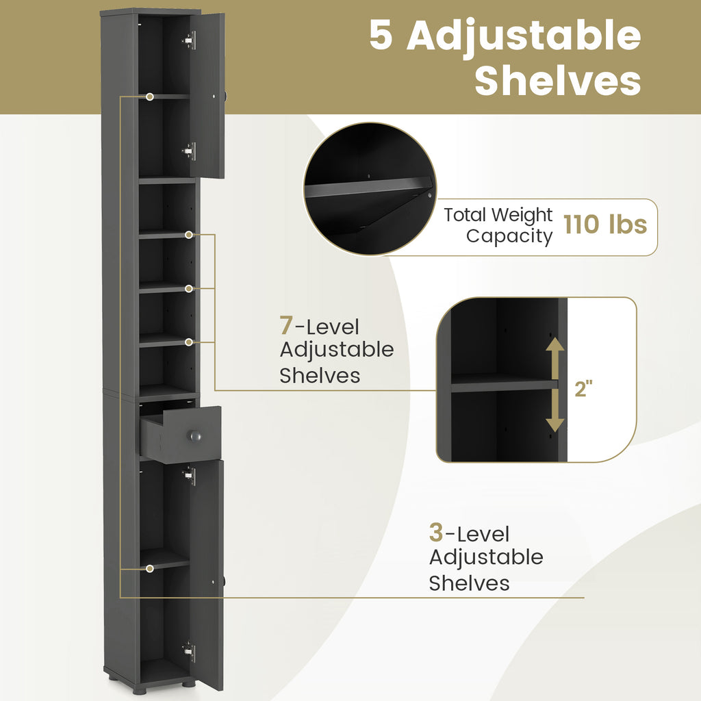 Freestanding Slim Bathroom Cabinet with Drawer and Adjustable Shelves