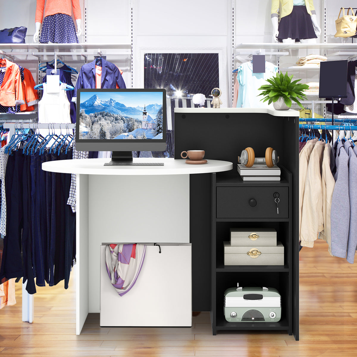 Front Reception Office Desk with Open Shelf and Drawer