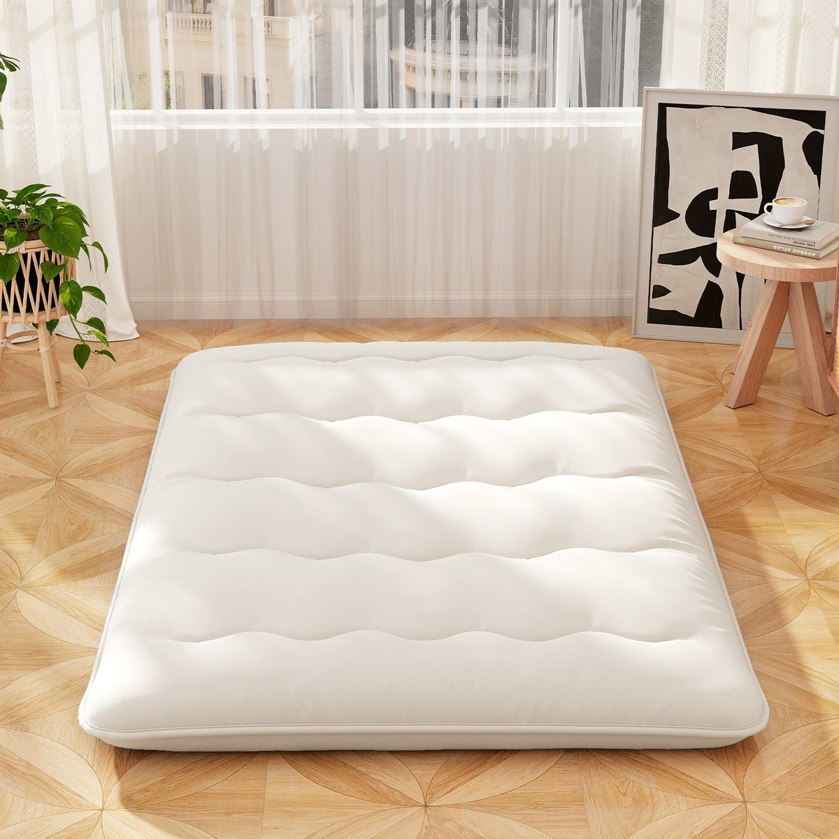 Full Size Futon Mattress Pad with Washable Cover - Beige