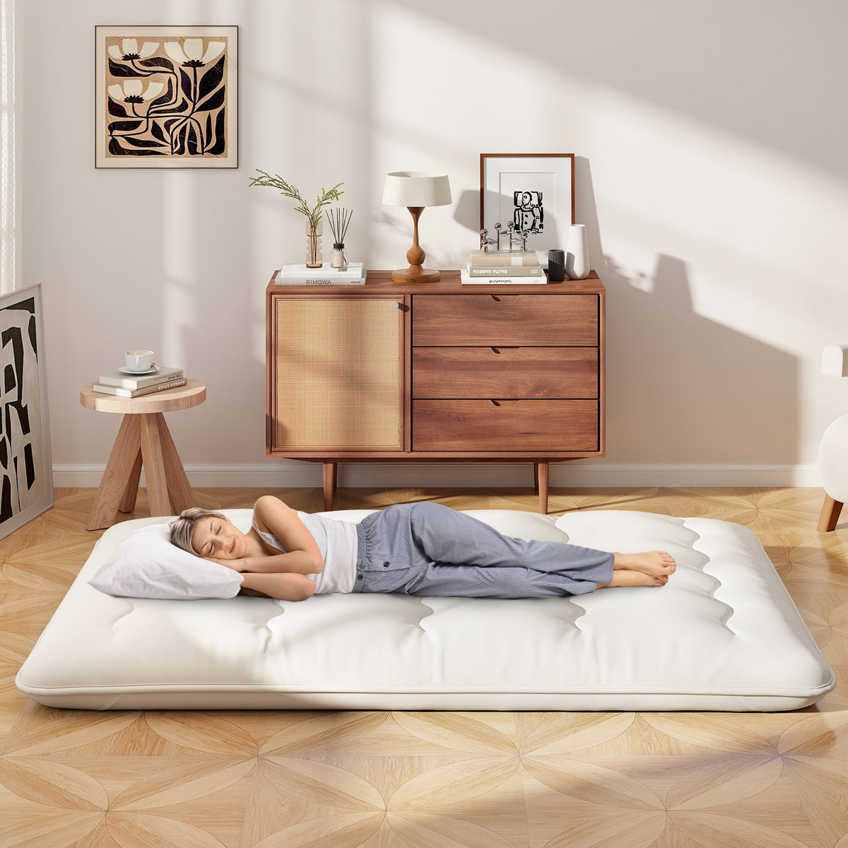 Full Size Futon Mattress Pad with Washable Cover - Beige