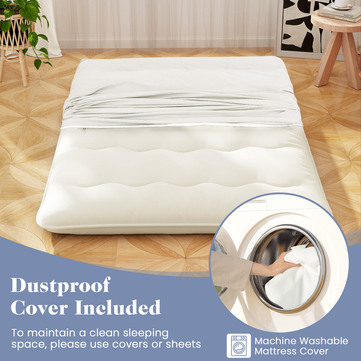 Full Size Futon Mattress Pad with Washable Cover - Beige