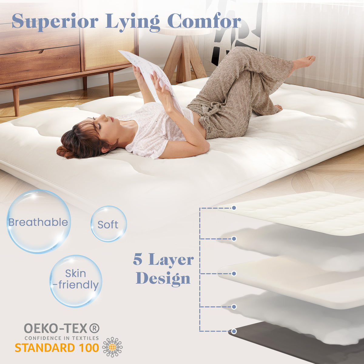 Full Size Futon Mattress Pad with Washable Cover - Beige