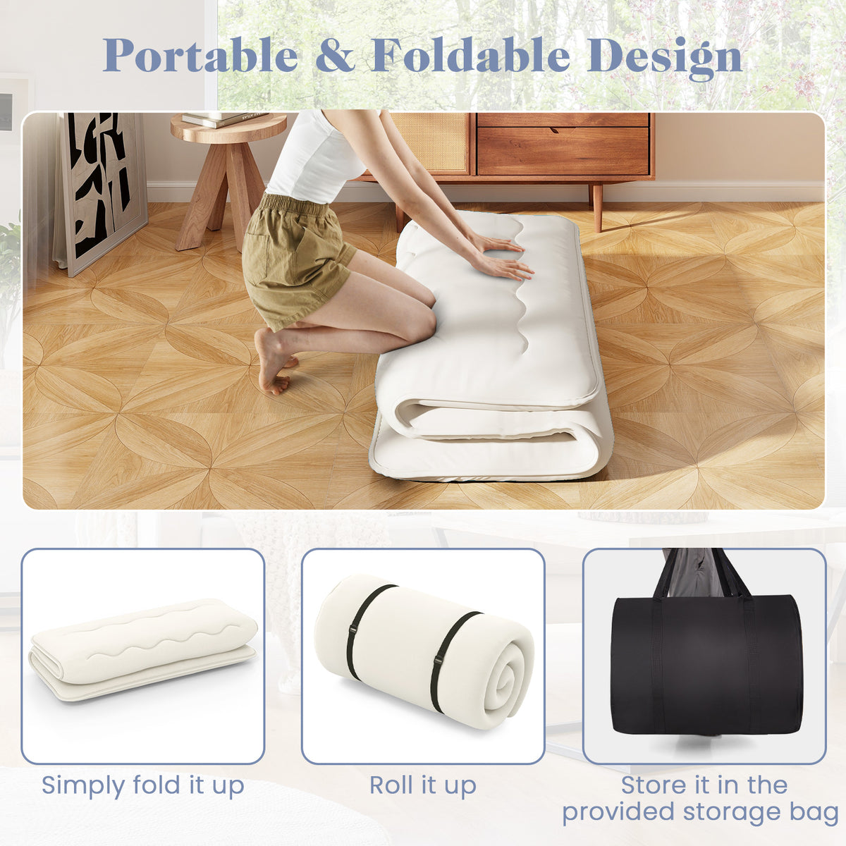 Full Size Futon Mattress Pad with Washable Cover - Beige