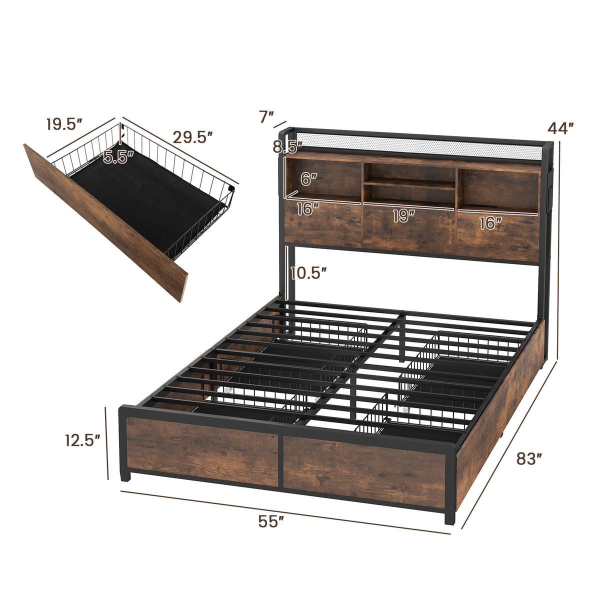 Full/Queen Bed Frame with Storage Headboard & 4 Drawers - Industrial