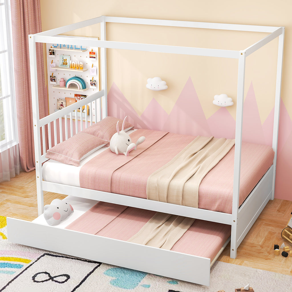 Full Size Canopy Bed Frame with Trundle & Headboard - White