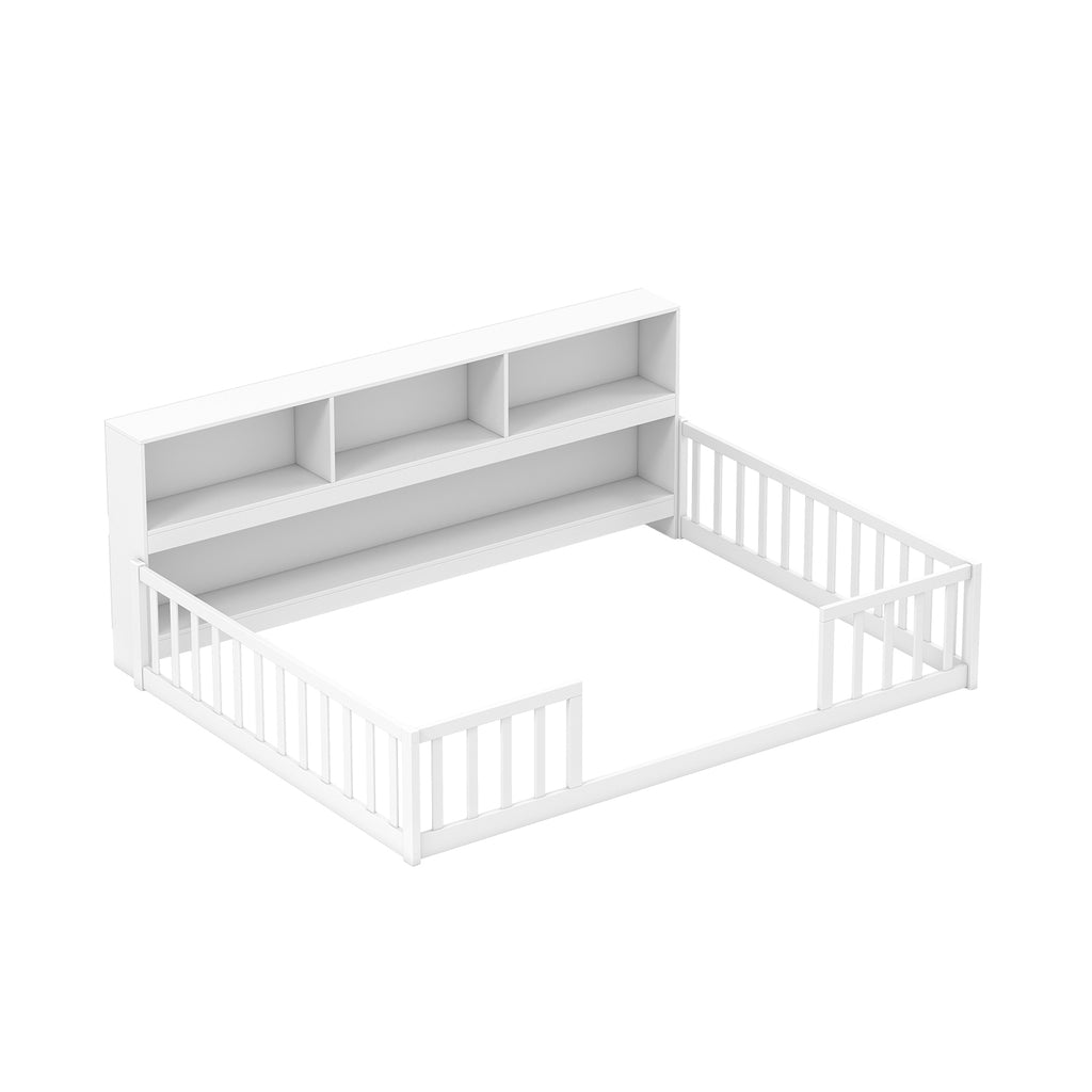 Full Size Montessori Floor Bed with Bookcase - Natural