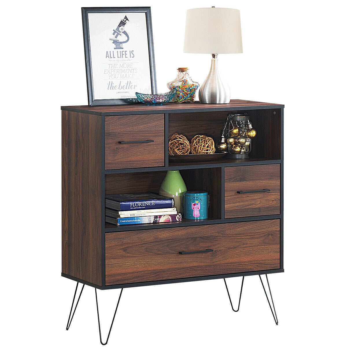 3-Tier Wood Storage Cabinet with Drawers & Shelves