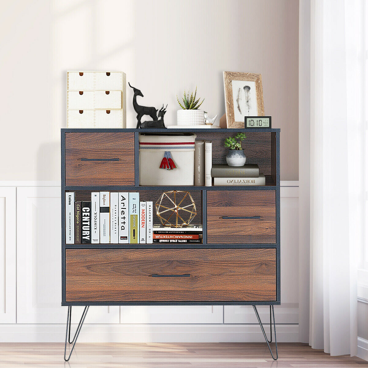 3-Tier Wood Storage Cabinet with Drawers & Shelves