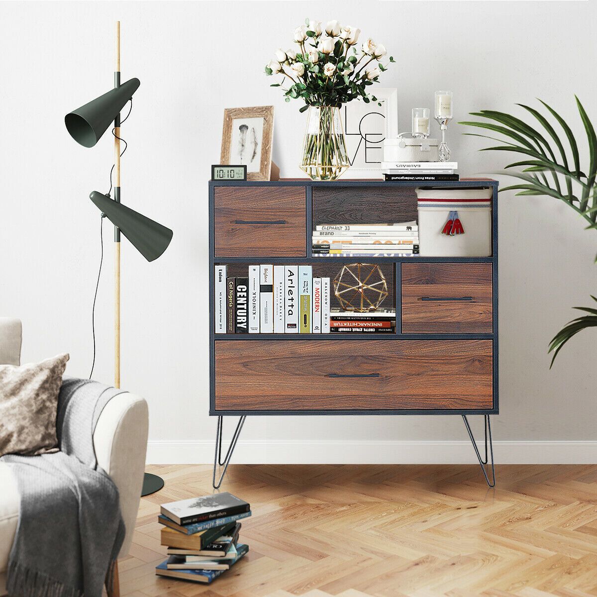 3-Tier Wood Storage Cabinet with Drawers & Shelves