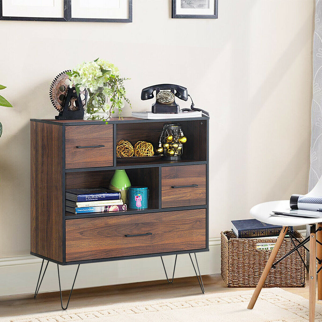 3-Tier Wood Storage Cabinet with Drawers & Shelves