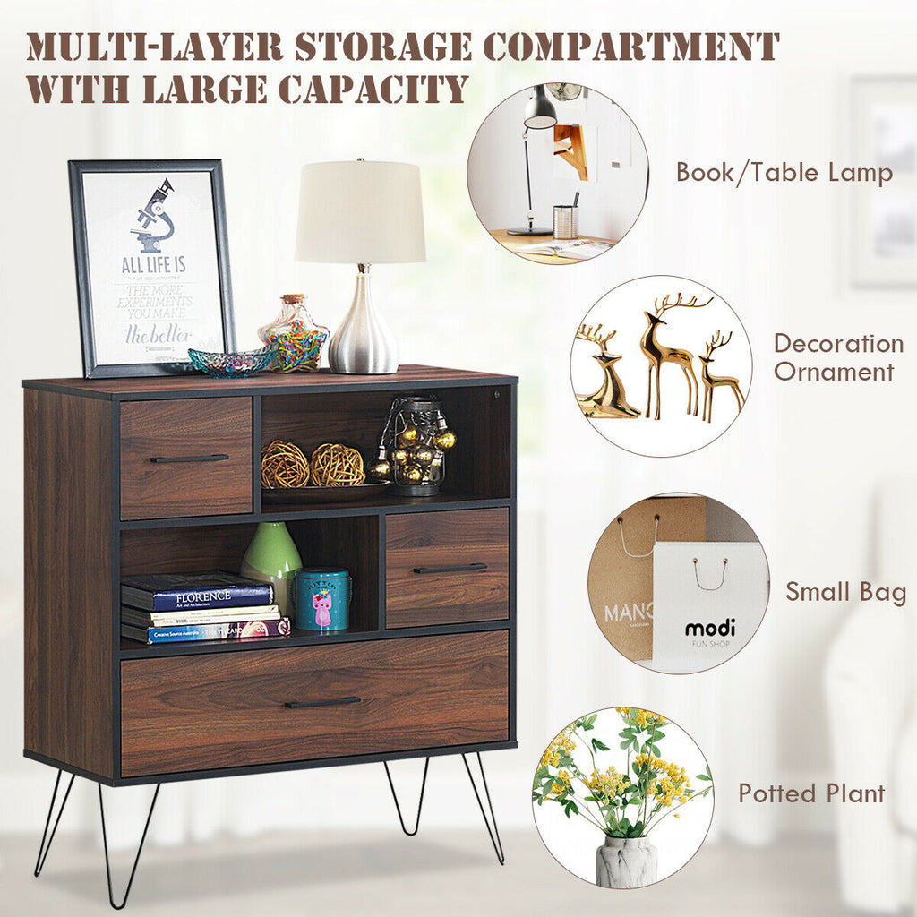 3-Tier Wood Storage Cabinet with Drawers & Shelves