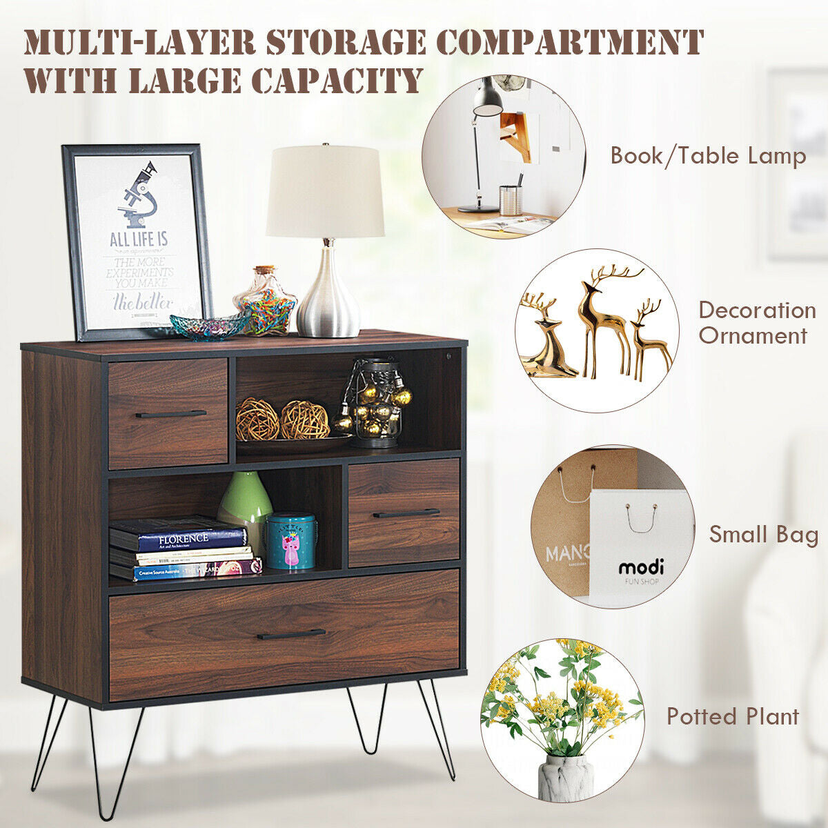 3-Tier Wood Storage Cabinet with Drawers & Shelves