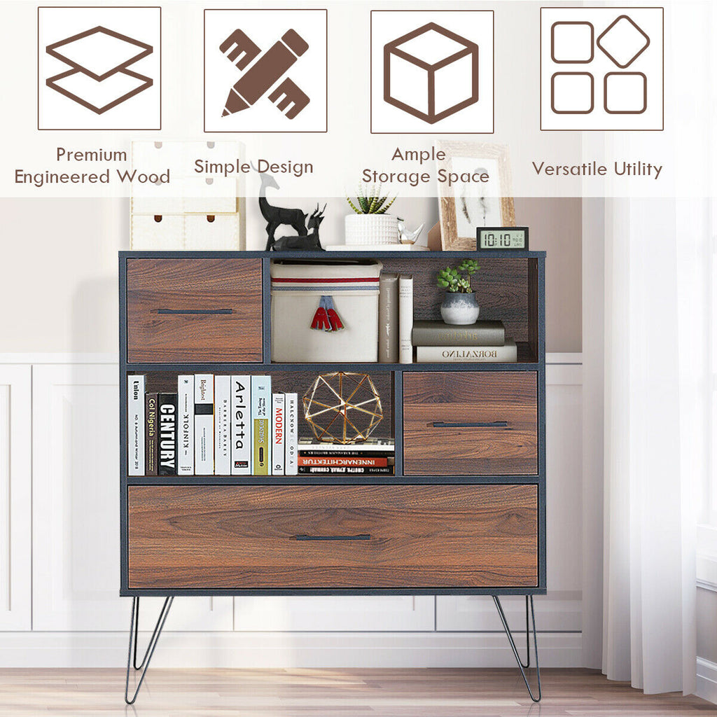 3-Tier Wood Storage Cabinet with Drawers & Shelves