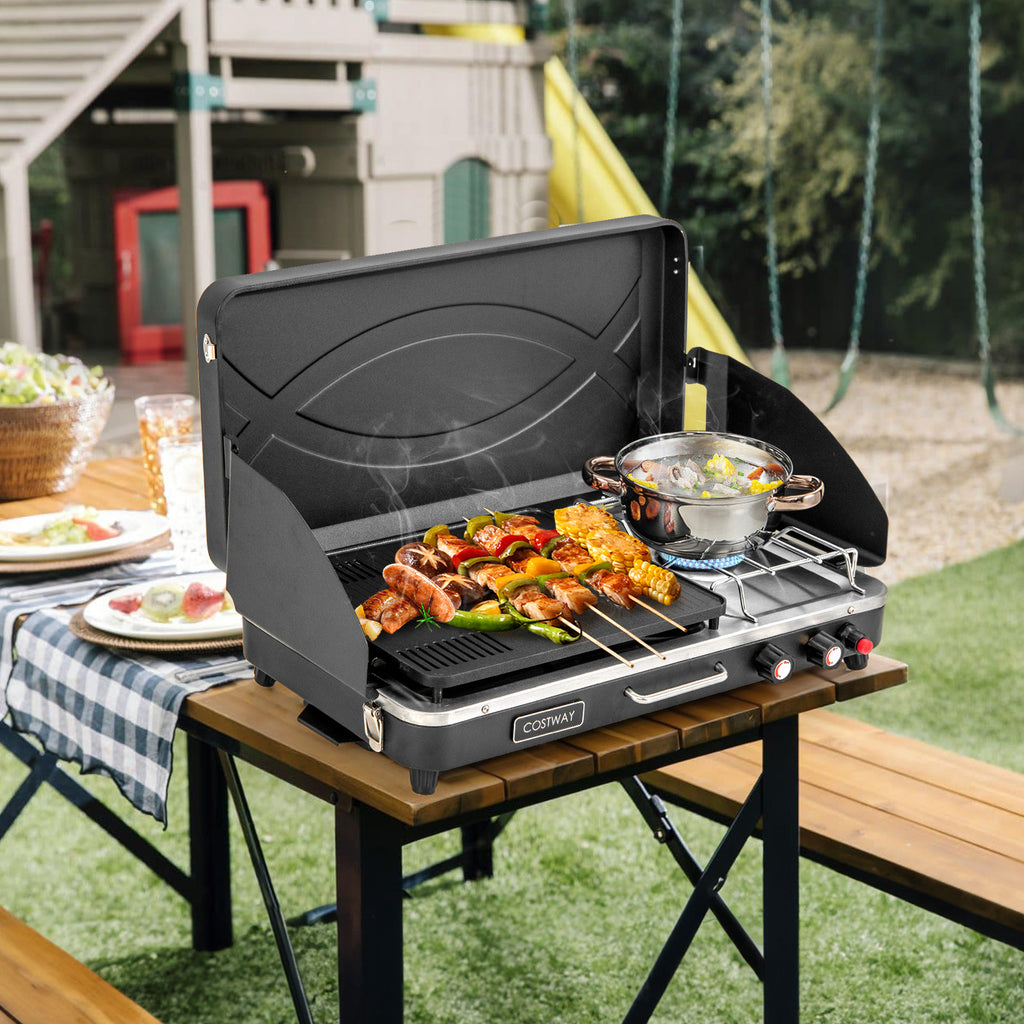 2-in-1 Camping Gas Grill and Stove with Detachable Legs - Black