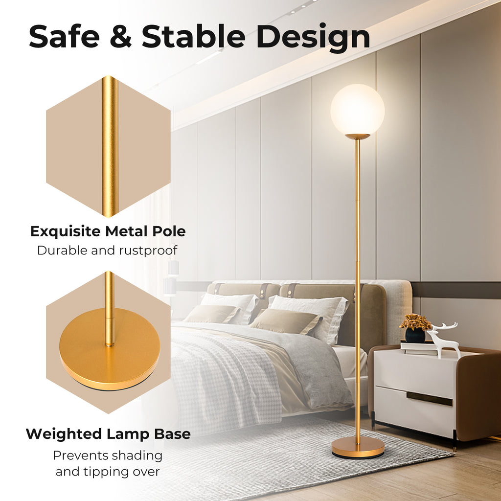 Golden Glass Globe LED Floor Lamp with Lampshade - Elegant Lighting for Home & Office
