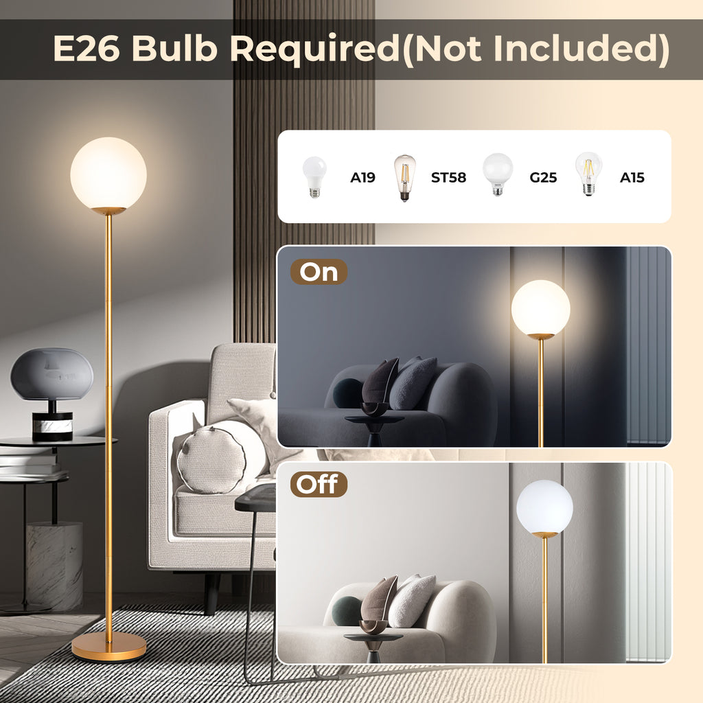 Golden Glass Globe LED Floor Lamp with Lampshade - Elegant Lighting for Home & Office