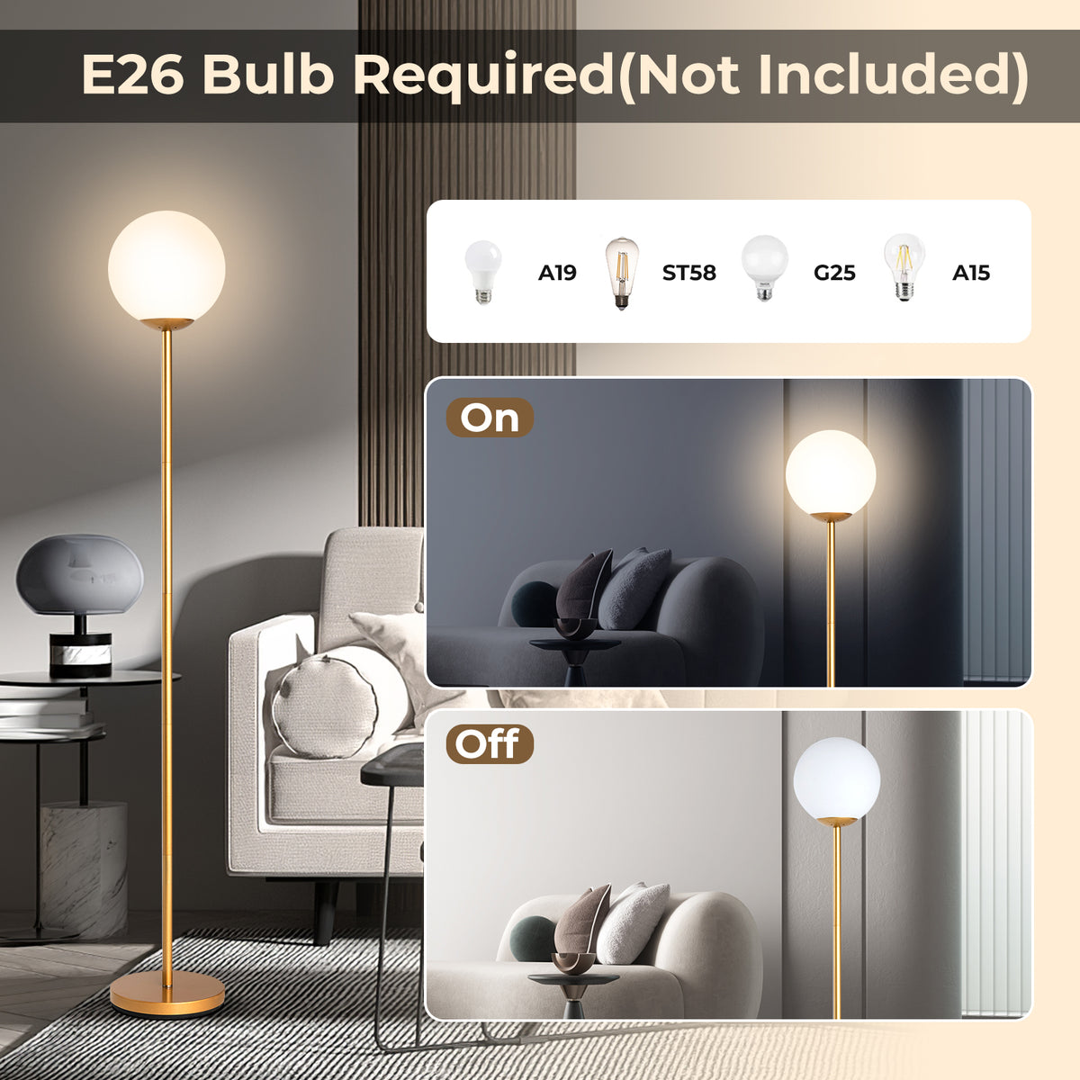 Golden Glass Globe LED Floor Lamp with Lampshade - Elegant Lighting for Home & Office