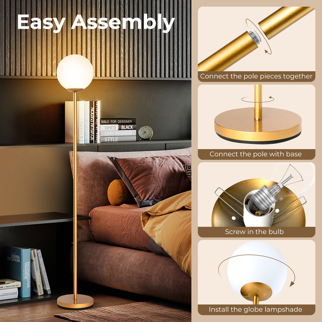 Golden Glass Globe LED Floor Lamp with Lampshade - Elegant Lighting for Home & Office
