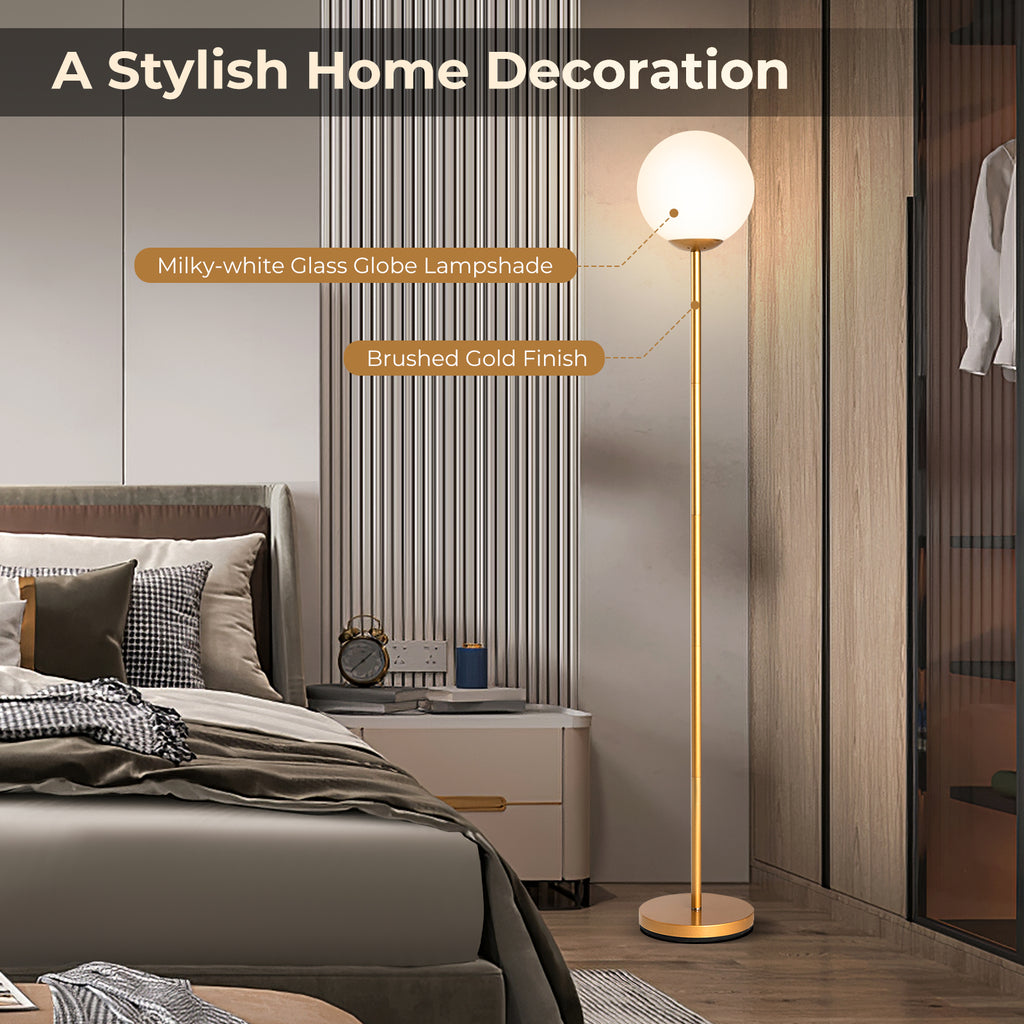 Golden Glass Globe LED Floor Lamp with Lampshade - Elegant Lighting for Home & Office