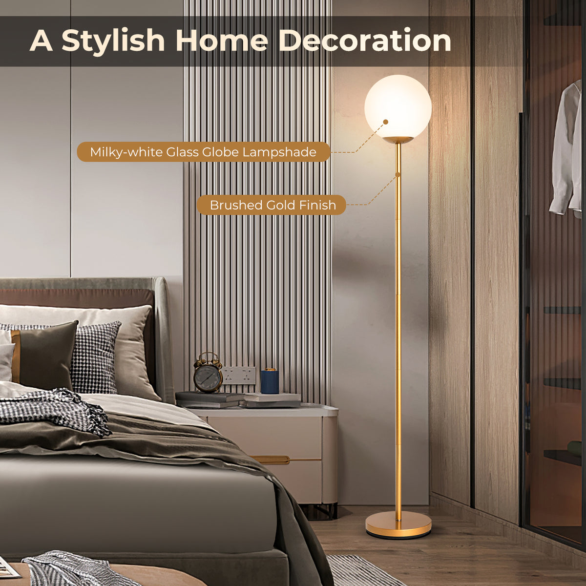 Golden Glass Globe LED Floor Lamp with Lampshade - Elegant Lighting for Home & Office