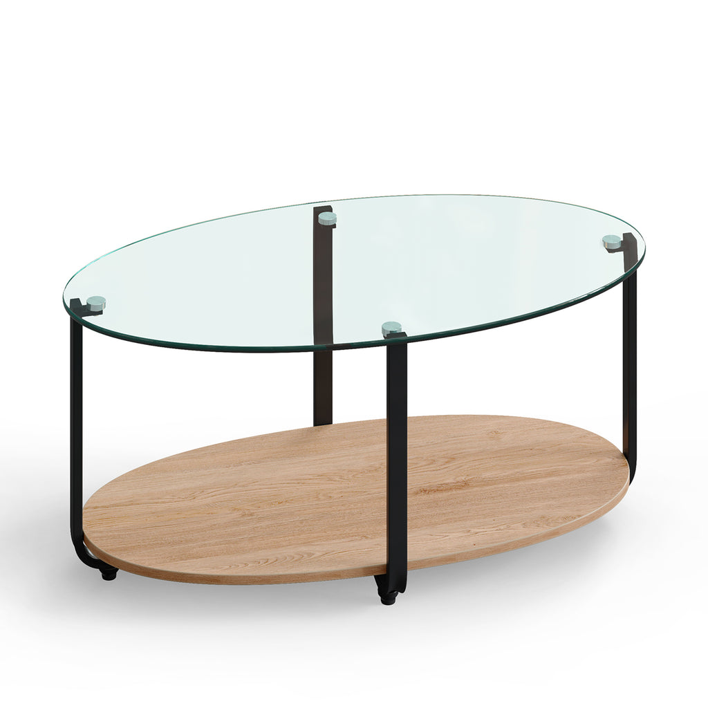 2-Tier Glass Coffee Table with Wooden Shelf