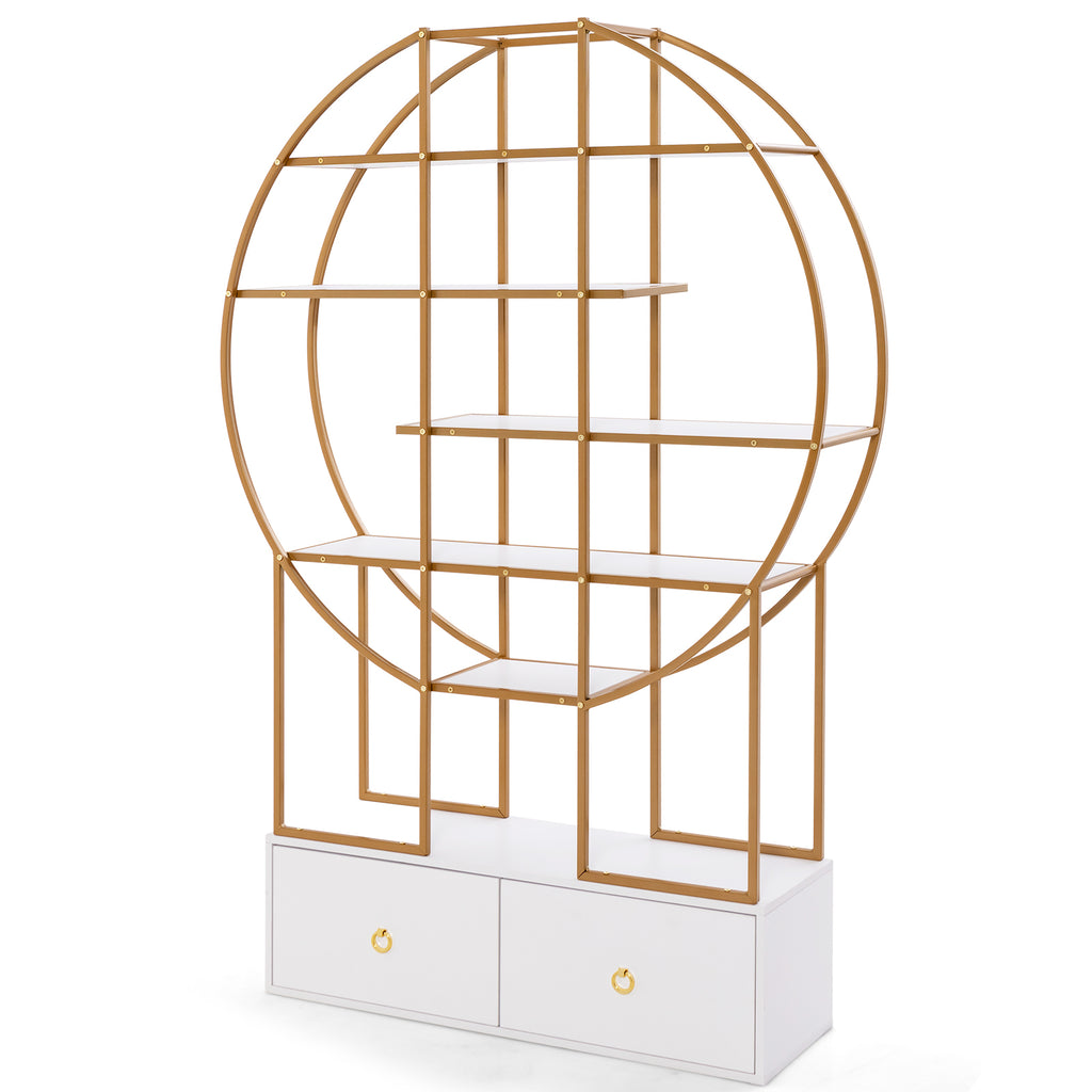 71-Inch 6-Tier Gold Bookshelf with 2 Drawers