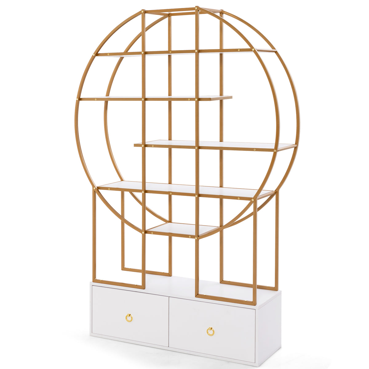 71-Inch 6-Tier Gold Bookshelf with 2 Drawers