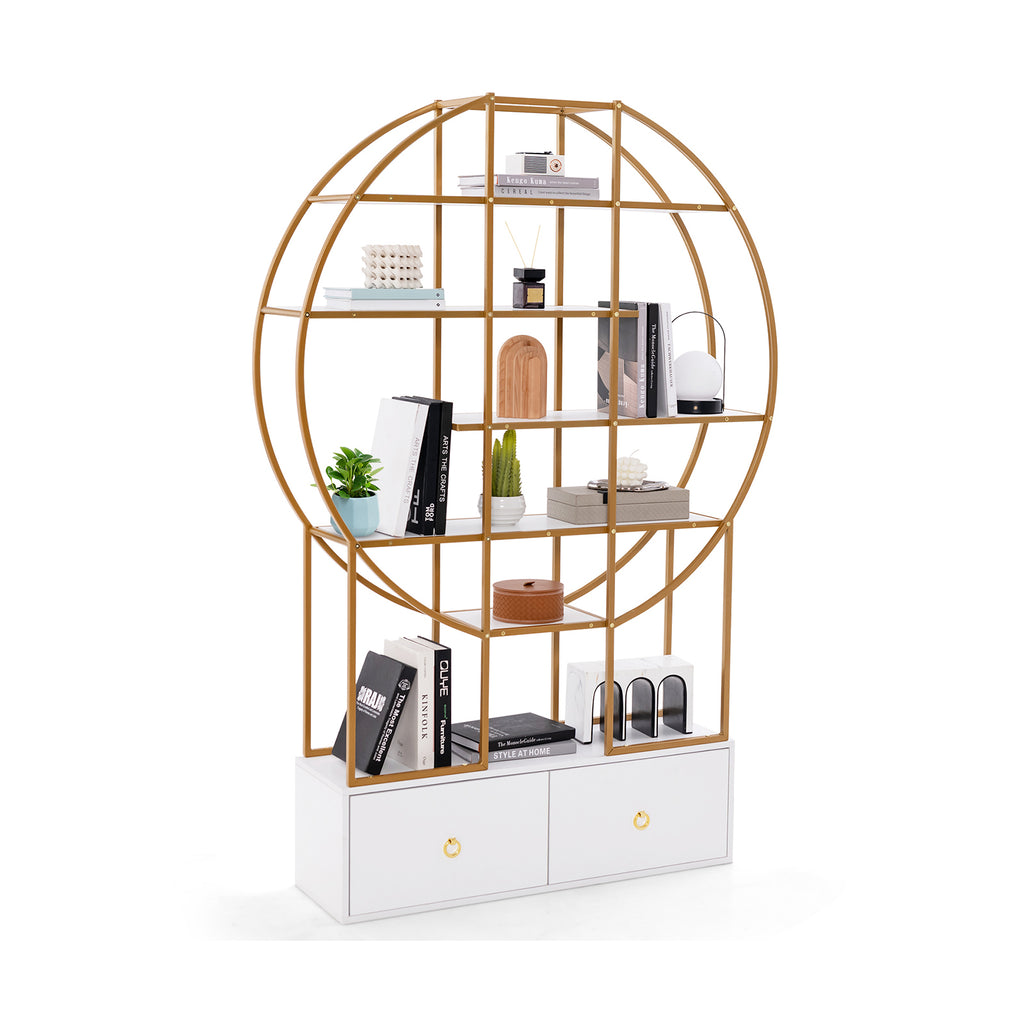 71-Inch 6-Tier Gold Bookshelf with 2 Drawers
