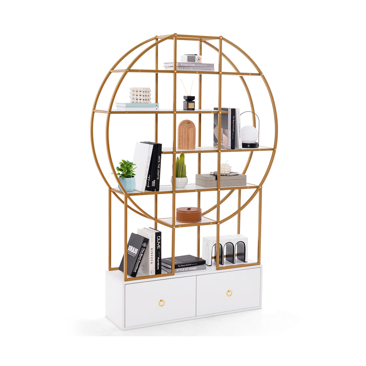 71-Inch 6-Tier Gold Bookshelf with 2 Drawers