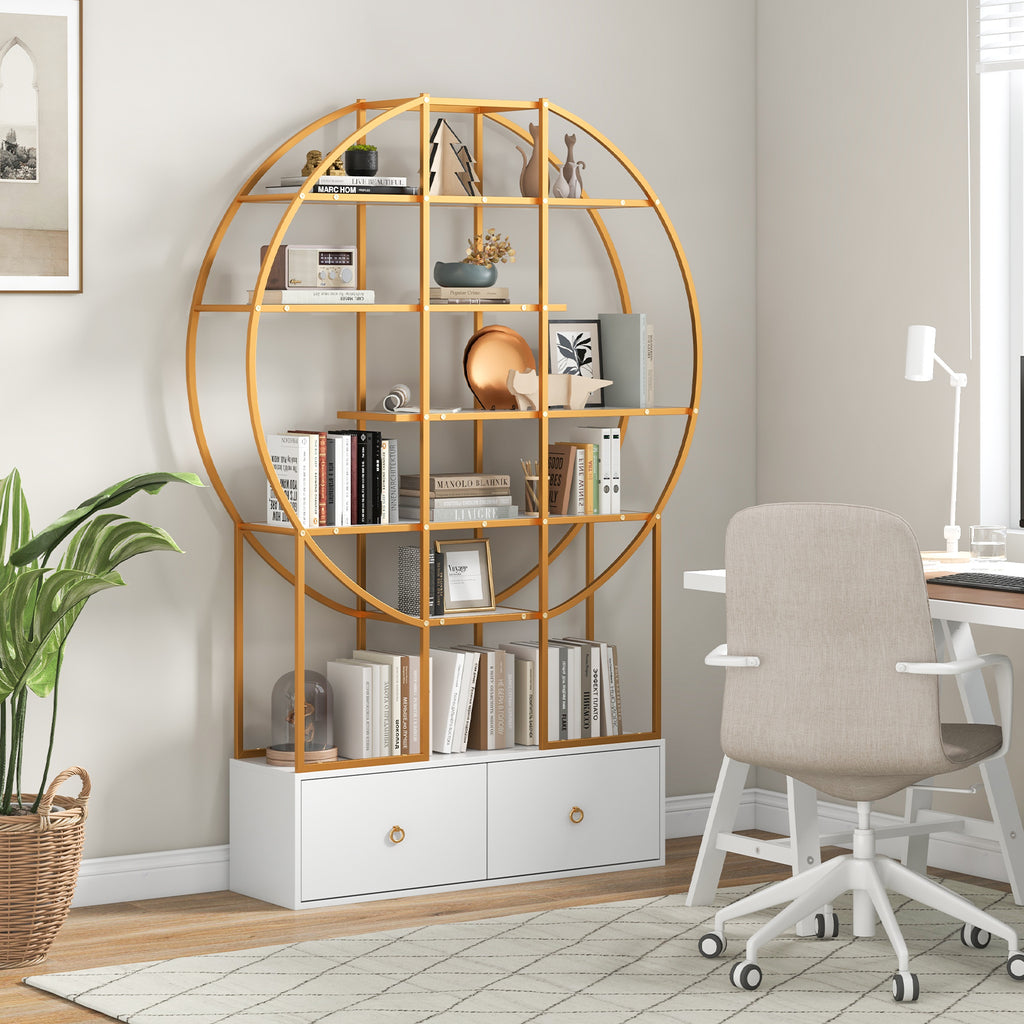 71-Inch 6-Tier Gold Bookshelf with 2 Drawers