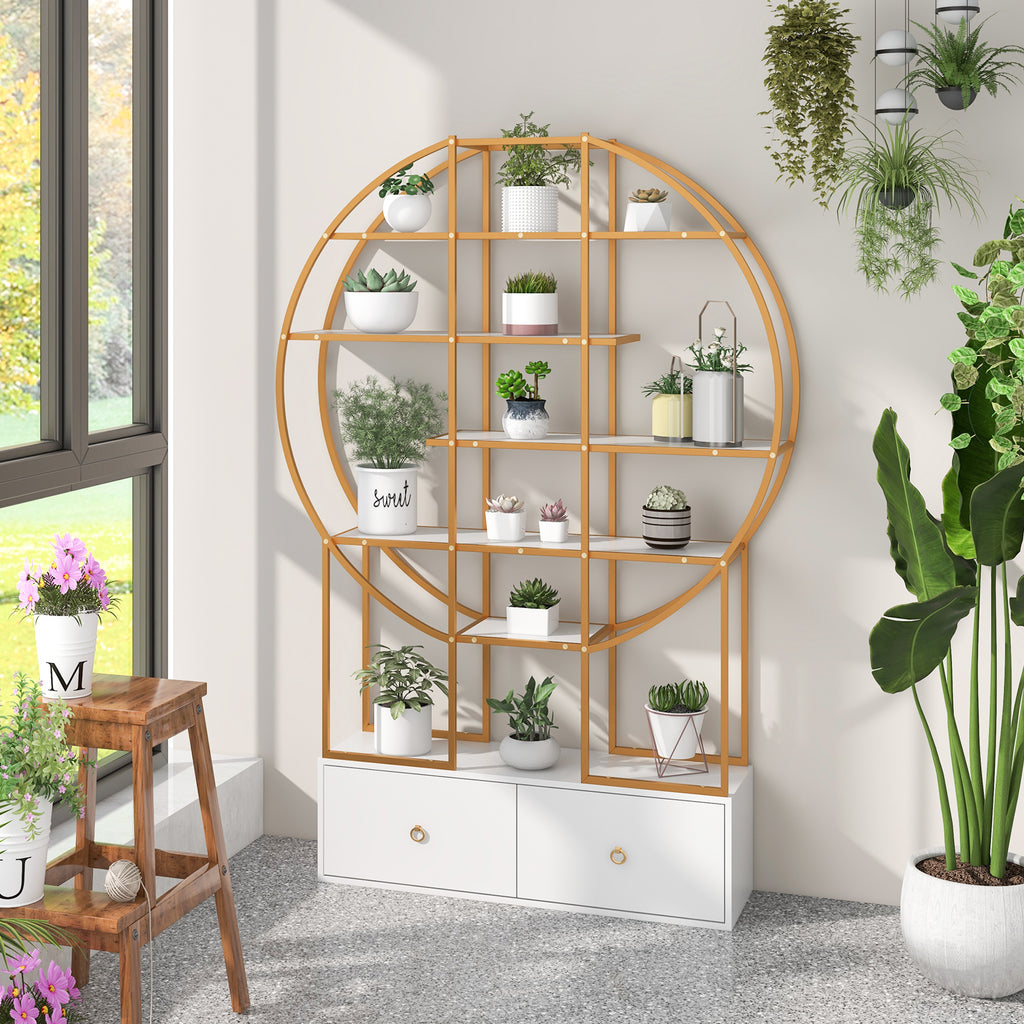 71-Inch 6-Tier Gold Bookshelf with 2 Drawers