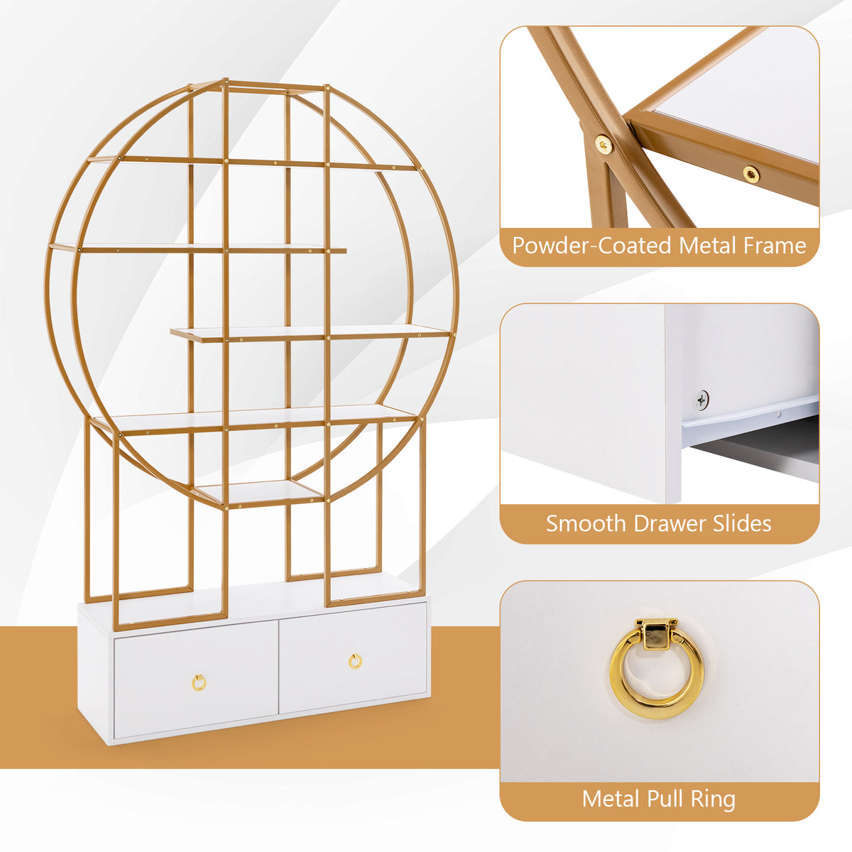 71-Inch 6-Tier Gold Bookshelf with 2 Drawers