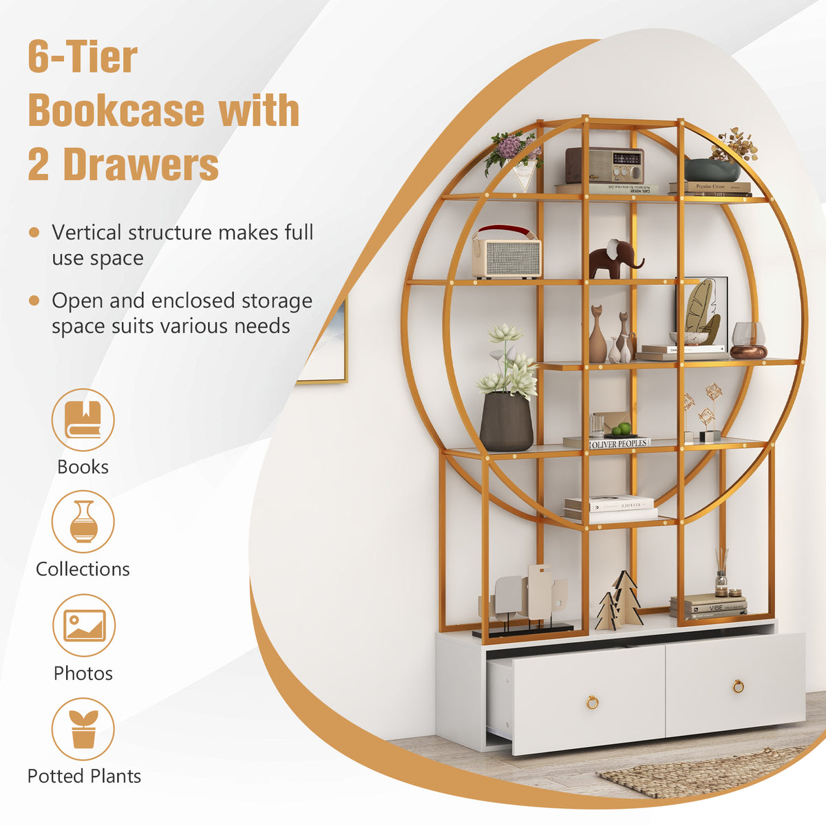 71-Inch 6-Tier Gold Bookshelf with 2 Drawers