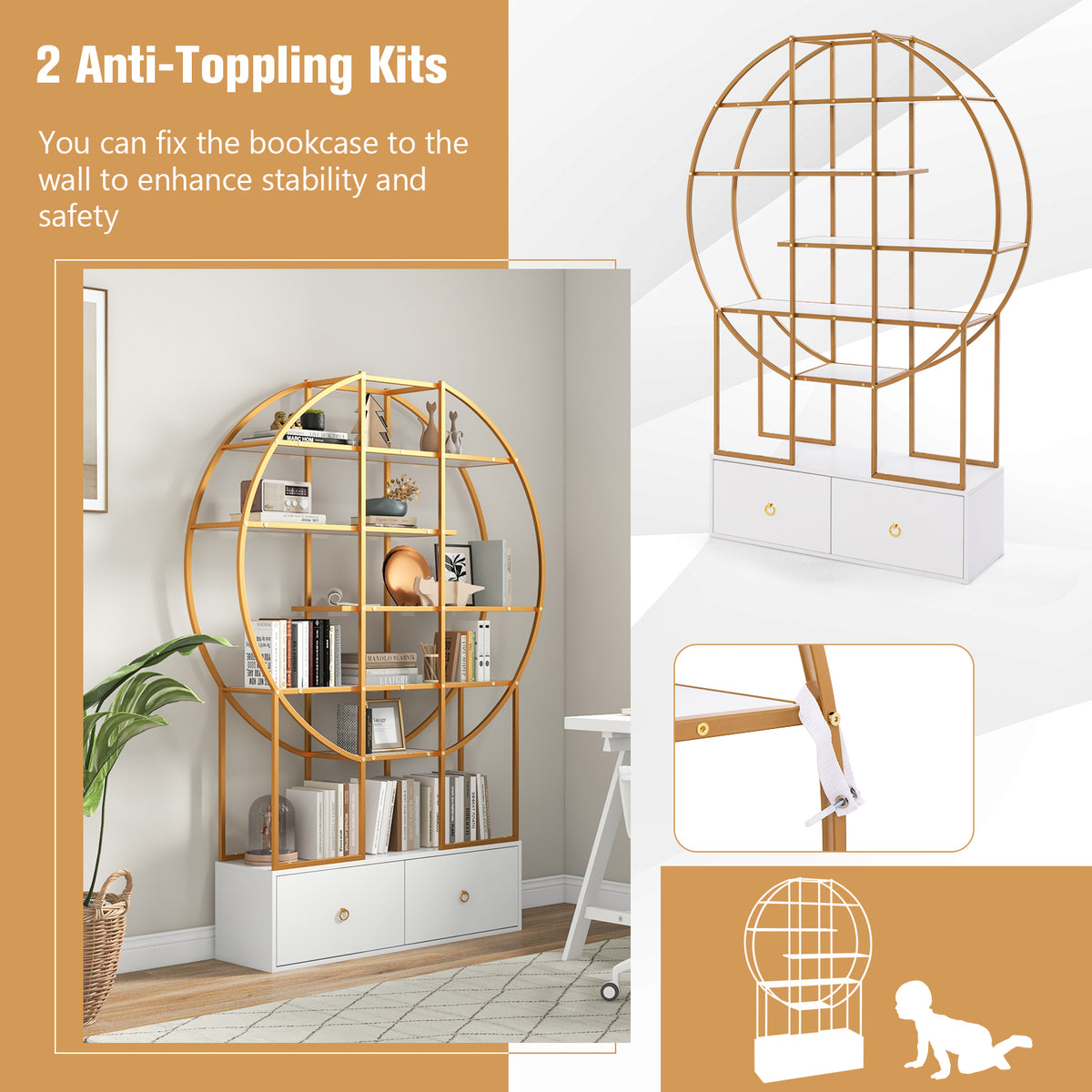 71-Inch 6-Tier Gold Bookshelf with 2 Drawers