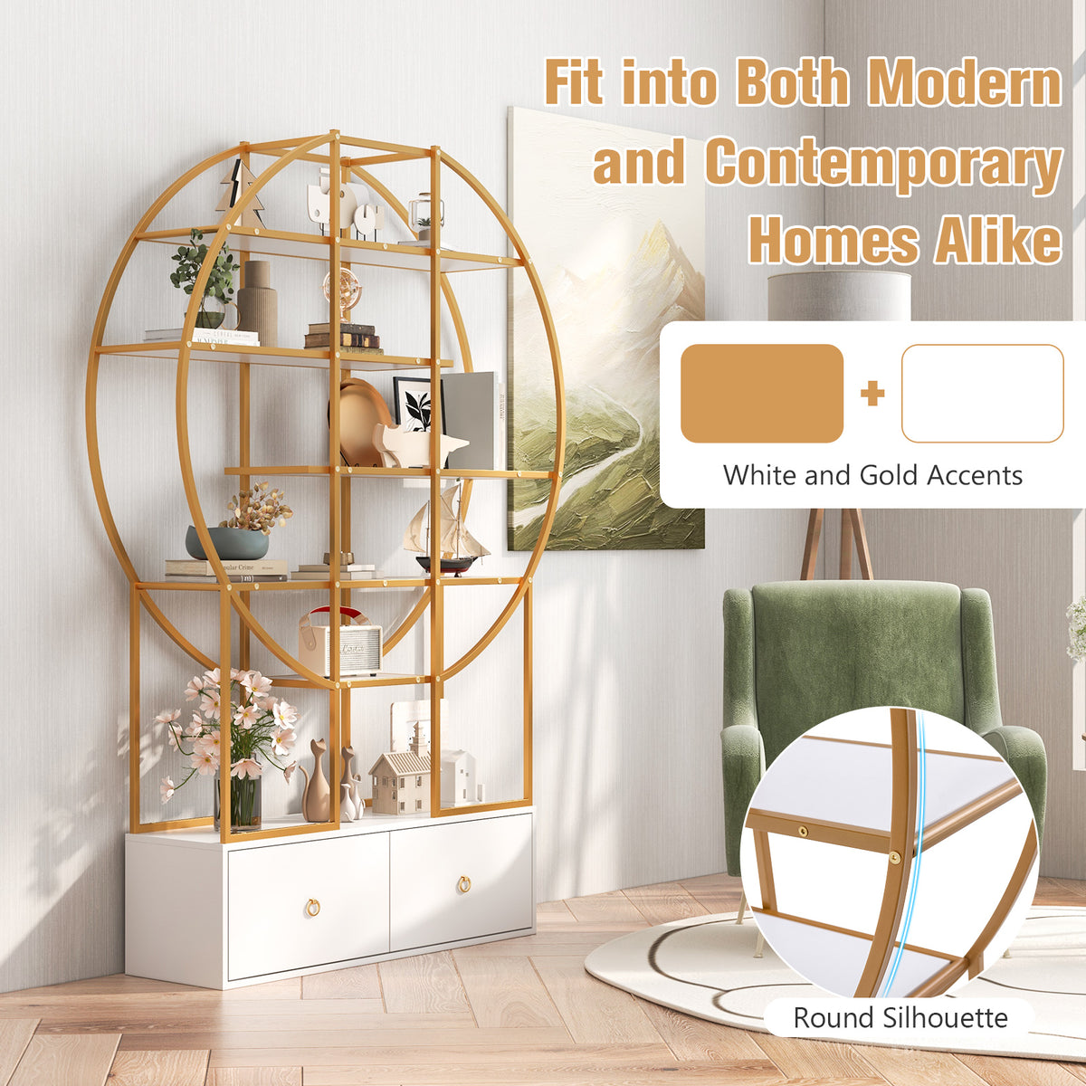 71-Inch 6-Tier Gold Bookshelf with 2 Drawers