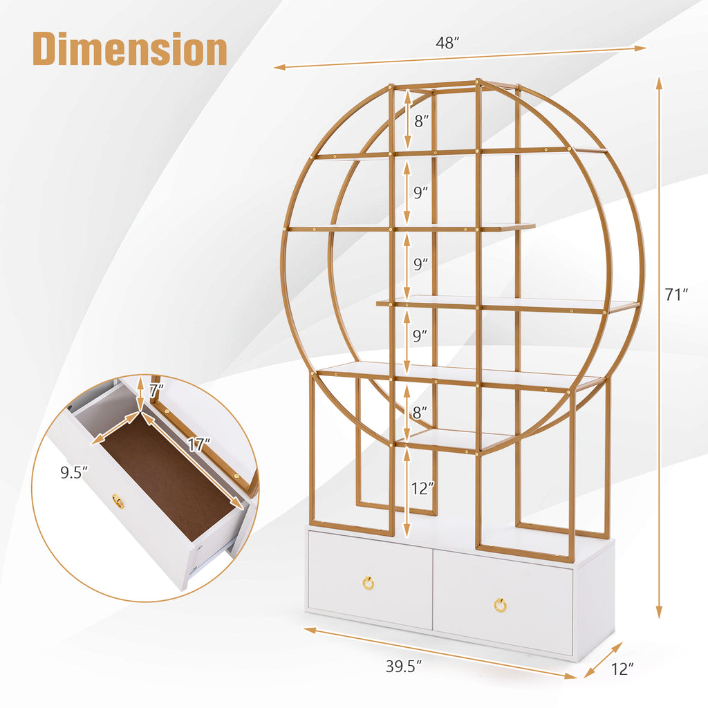 71-Inch 6-Tier Gold Bookshelf with 2 Drawers