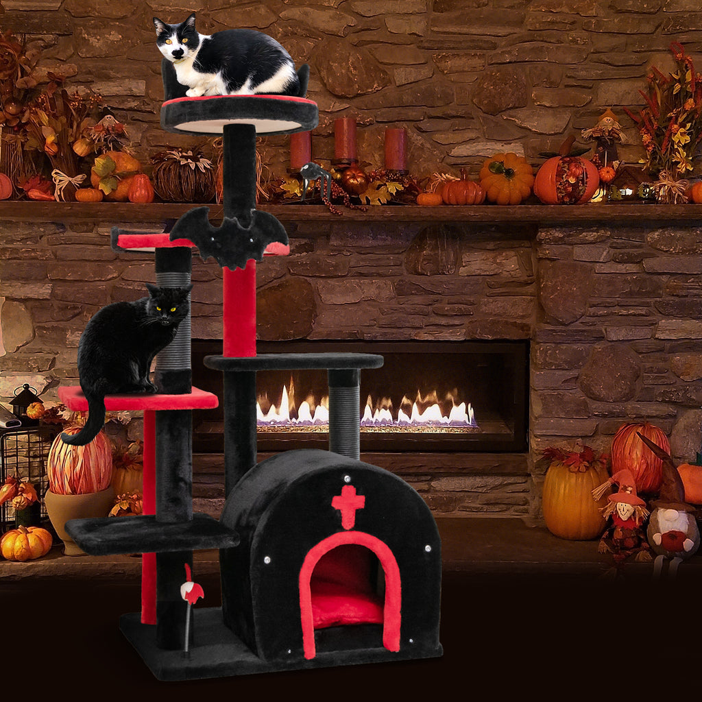Gothic Cat Tree Tower with Cat Bed & Arch Condo - 53 Inch Tall, Black - Cat Furniture