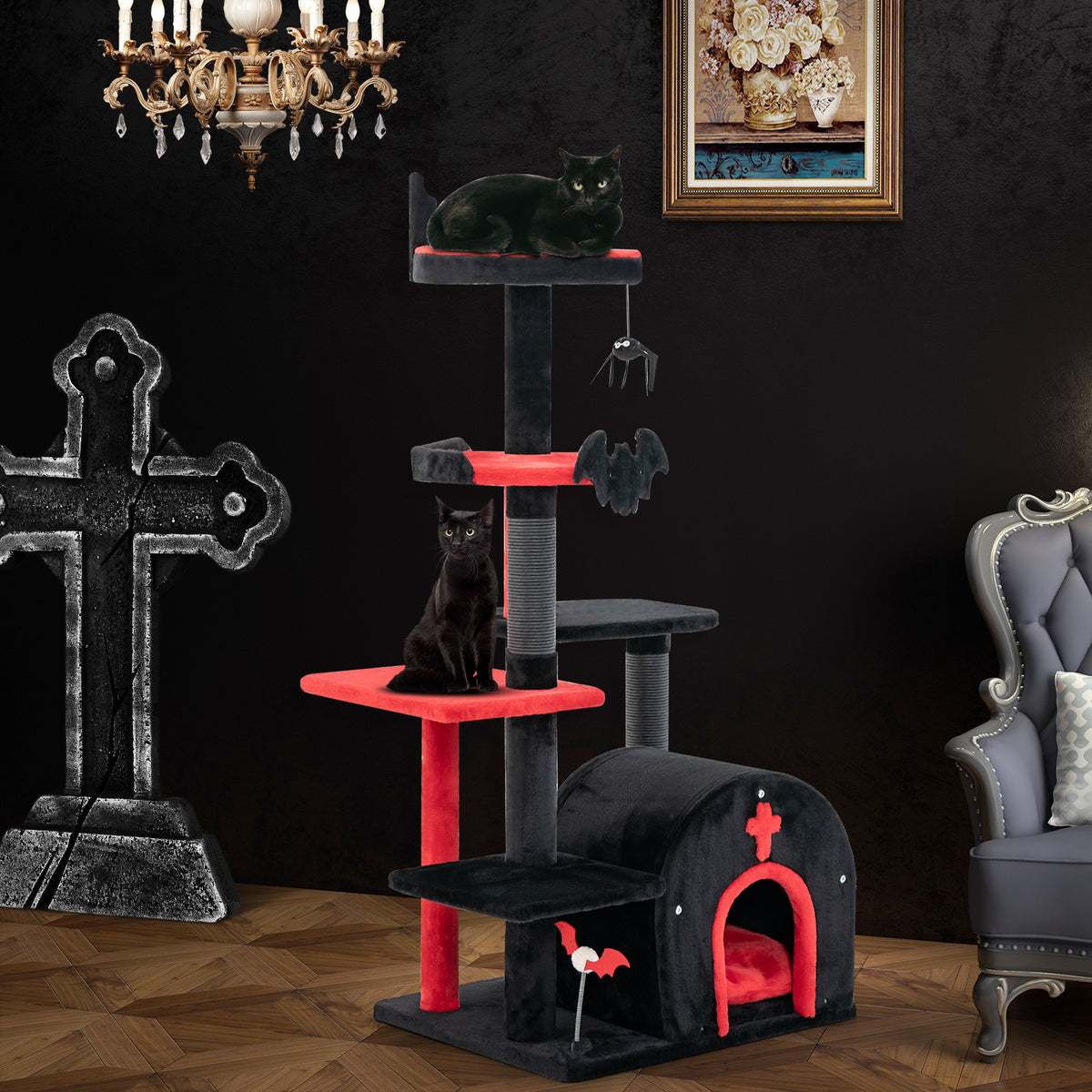 Gothic Cat Tree Tower with Cat Bed & Arch Condo - 53 Inch Tall, Black - Cat Furniture