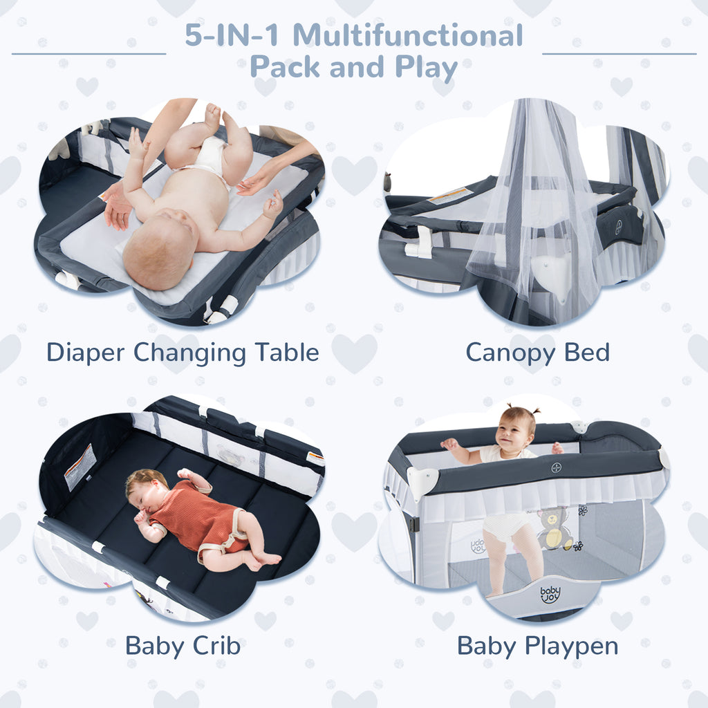 Gray Convertible Baby Bassinet with Removable Changing Table and Mesh Canopy